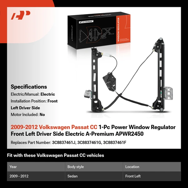 2009-2012 Volkswagen Passat CC 1-Pc Power Window Regulator Front Left Driver Side Electric A-Premium APWR2450