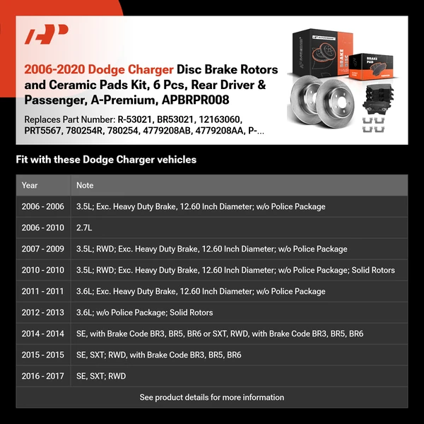 2006-2020 Dodge Charger Disc Brake Rotors and Ceramic Pads Kit, 6 Pcs, Rear Driver & Passenger, A-Premium, APBRPR008