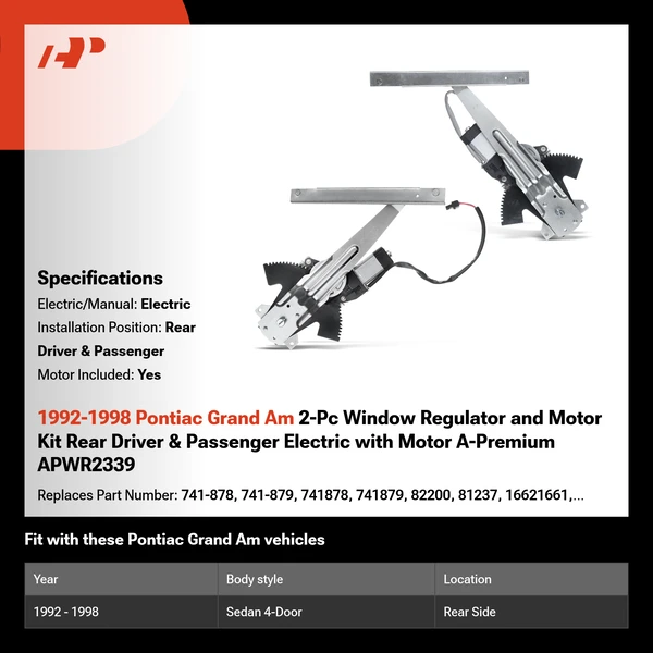 1992-1998 Pontiac Grand Am 2-Pc Window Regulator and Motor Kit Rear Driver & Passenger Electric with Motor A-Premium APWR2339