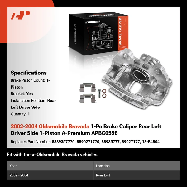 2002-2004 Oldsmobile Bravada 1-Pc Brake Caliper Rear Left Driver Side 1-Piston A-Premium APBC0598
