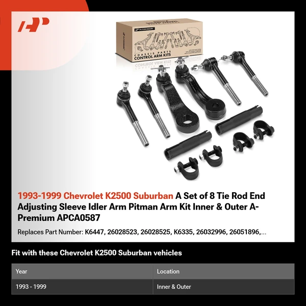 1993-1999 Chevrolet K2500 Suburban A Set of 8 Tie Rod End Adjusting Sleeve Idler Arm Pitman Arm Kit Inner & Outer A-Premium APCA0587