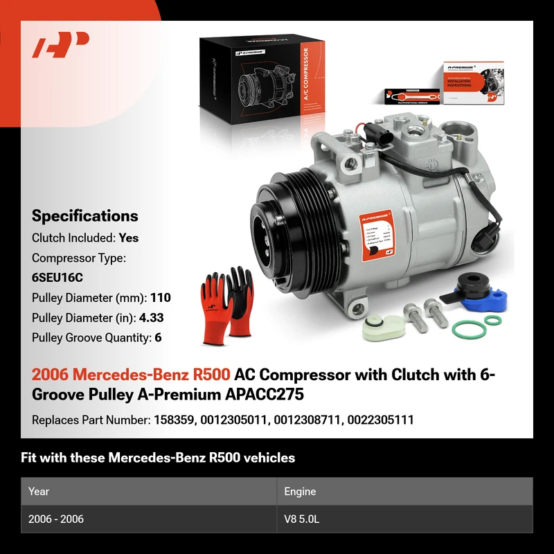 2006 Mercedes-Benz R500 AC Compressor with Clutch with 6-Groove Pulley A-Premium APACC275