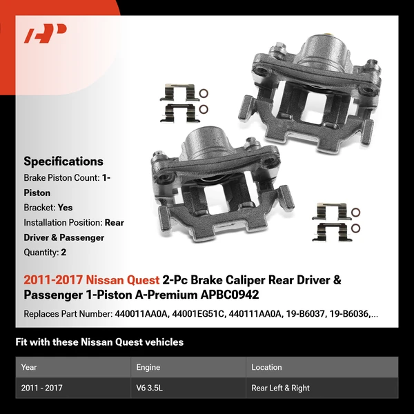 2011-2017 Nissan Quest 2-Pc Brake Caliper Rear Driver & Passenger 1-Piston A-Premium APBC0942