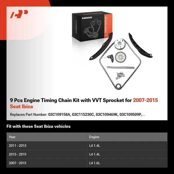 9 Pcs Engine Timing Chain Kit with VVT Sprocket for 2007-2015 Seat Ibiza