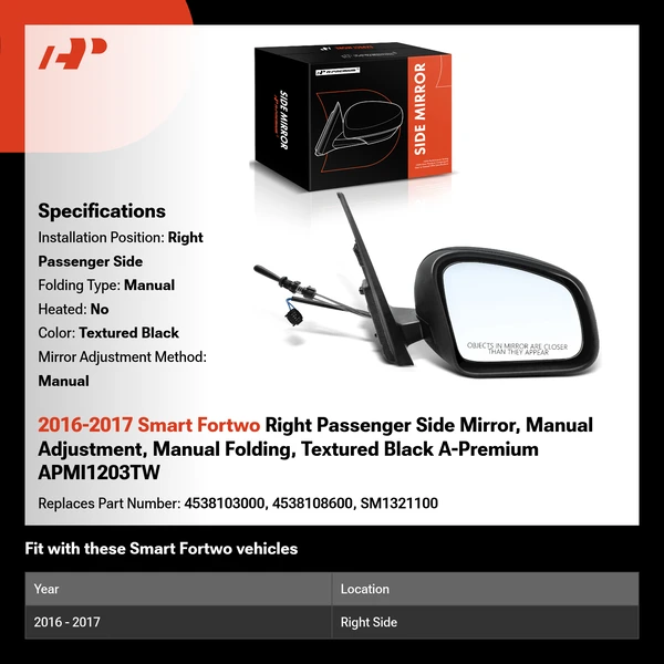 2016-2017 Smart Fortwo Right Passenger Side Mirror, Manual Adjustment, Manual Folding, Textured Black A-Premium APMI1203TW