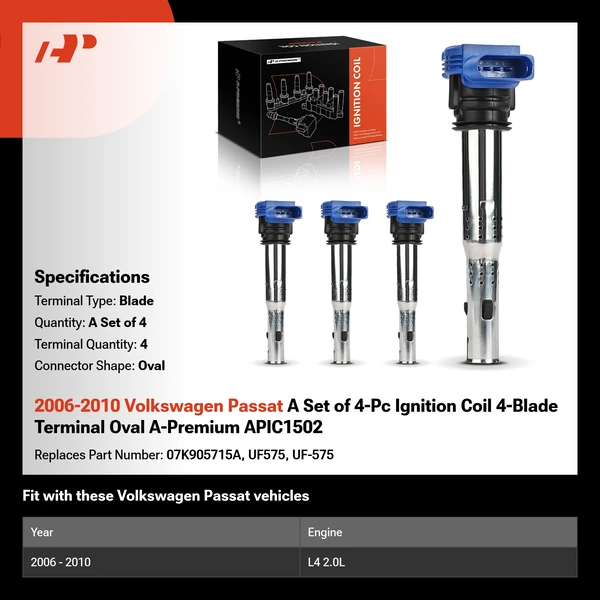 2006-2010 Volkswagen Passat A Set of 4-Pc Ignition Coil 4-Blade Terminal Oval A-Premium APIC1502