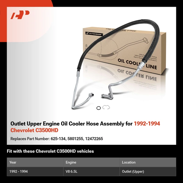 Outlet Upper Engine Oil Cooler Hose Assembly for 1992-1994 Chevrolet C3500HD