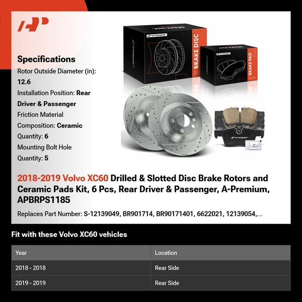 2018-2019 Volvo XC60 Drilled & Slotted Disc Brake Rotors and Ceramic Pads Kit, 6 Pcs, Rear Driver & Passenger, A-Premium, APBRPS1185