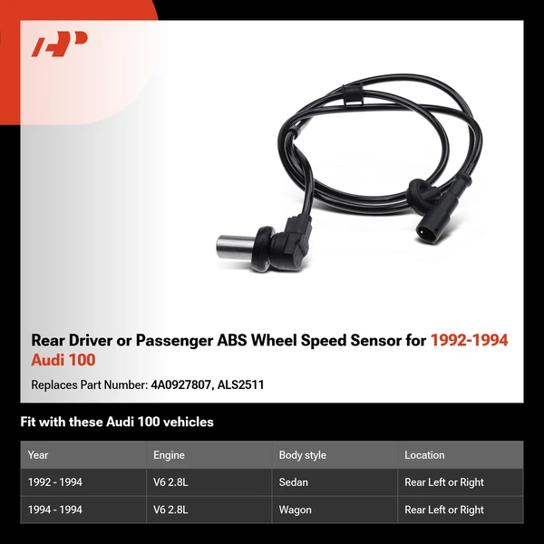 Rear Driver or Passenger ABS Wheel Speed Sensor for 1992-1994 Audi 100