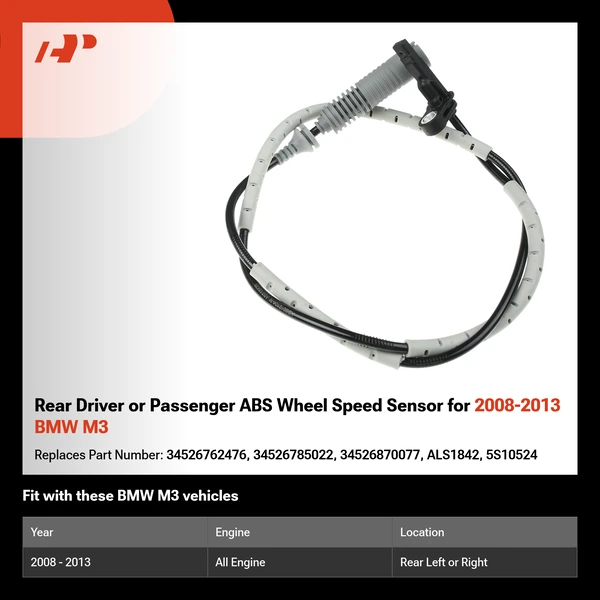 Rear Driver or Passenger ABS Wheel Speed Sensor for 2008-2013 BMW M3
