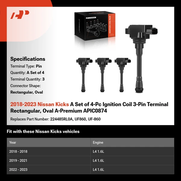 2018-2023 Nissan Kicks A Set of 4-Pc Ignition Coil 3-Pin Terminal Rectangular, Oval A-Premium APIC0874