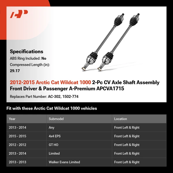 2012-2015 Arctic Cat Wildcat 1000 2-Pc CV Axle Shaft Assembly Front Driver & Passenger A-Premium APCVA1715