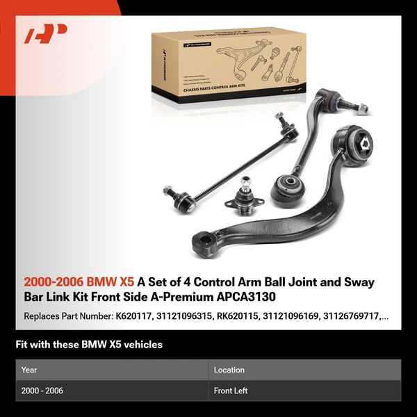 2000-2006 BMW X5 A Set of 4 Control Arm Ball Joint and Sway Bar Link Kit Front Side A-Premium APCA3130
