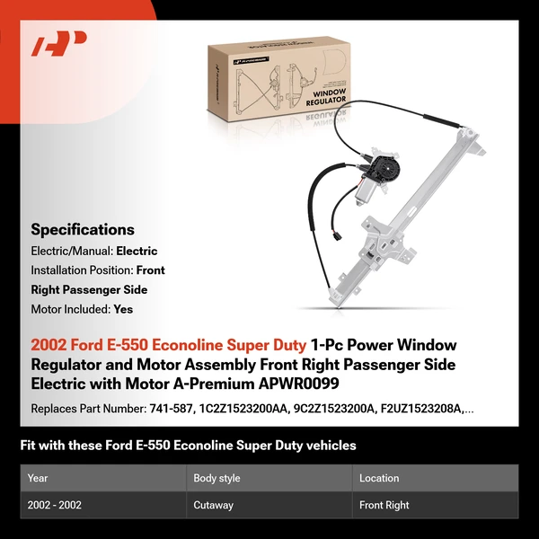2002 Ford E-550 Econoline Super Duty 1-Pc Power Window Regulator and Motor Assembly Front Right Passenger Side Electric with Motor A-Premium APWR0099