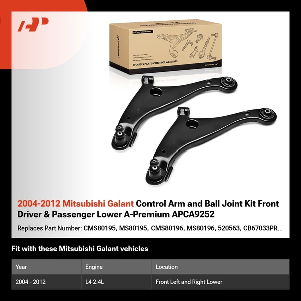 2004-2012 Mitsubishi Galant Control Arm and Ball Joint Kit Front Driver & Passenger Lower A-Premium APCA9252