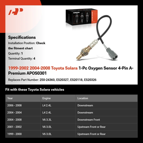1999-2002 2004-2008 Toyota Solara 1-Pc Oxygen Sensor 4-Pin A-Premium APOS0301