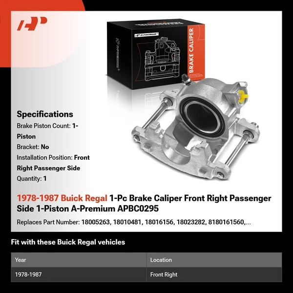 1978-1987 Buick Regal 1-Pc Brake Caliper Front Right Passenger Side 1-Piston A-Premium APBC0295