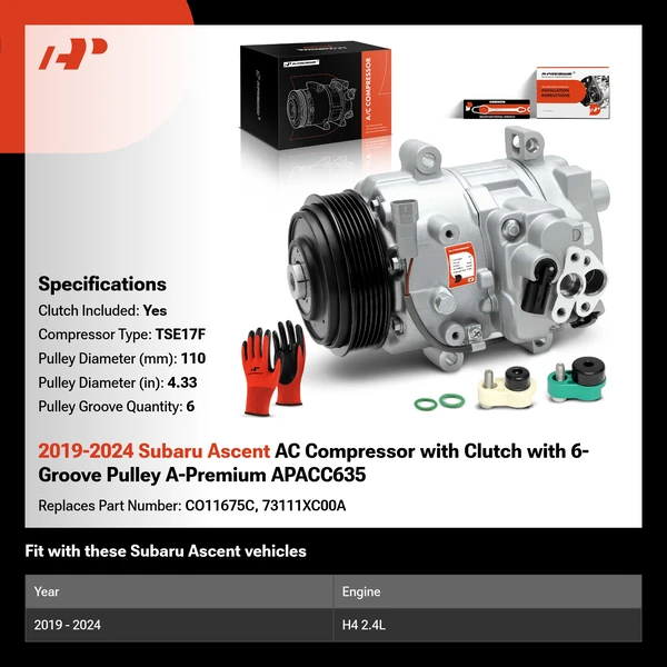 2019-2024 Subaru Ascent AC Compressor with Clutch with 6-Groove Pulley A-Premium APACC635
