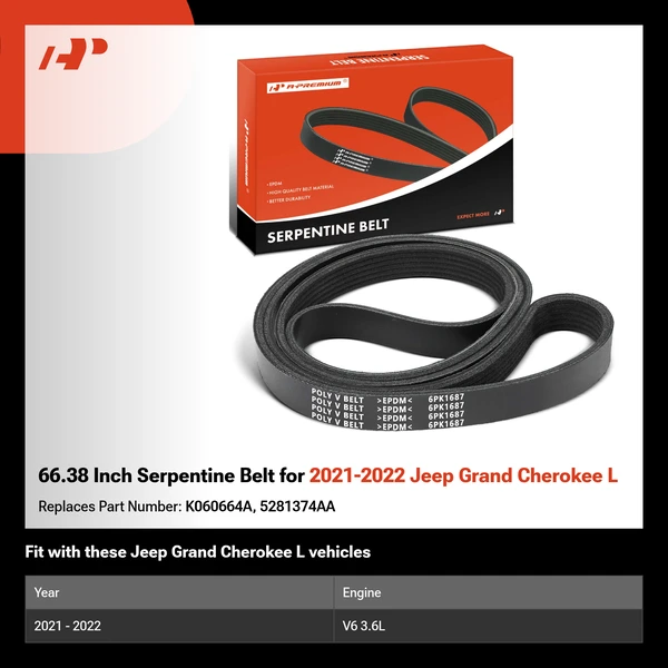 66.38 Inch Serpentine Belt for 2021-2022 Jeep Grand Cherokee L
