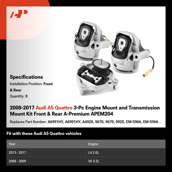 2008-2017 Audi A5 Quattro 3-Pc Engine Mount and Transmission Mount Kit Front & Rear A-Premium APEM204