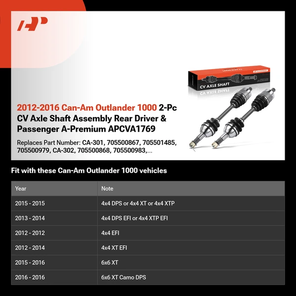 2012-2016 Can-Am Outlander 1000 2-Pc CV Axle Shaft Assembly Rear Driver & Passenger A-Premium APCVA1769