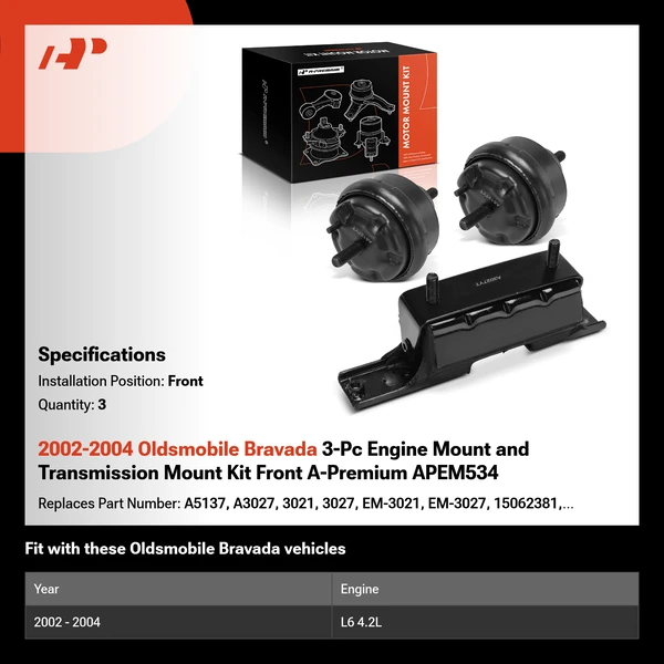 2002-2004 Oldsmobile Bravada 3-Pc Engine Mount and Transmission Mount Kit Front A-Premium APEM534