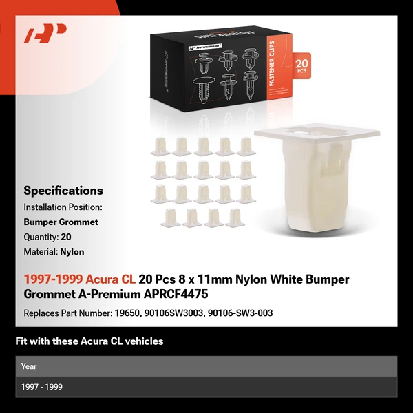 1997-1999 Acura CL 20 Pcs 8 x 11mm Nylon White Bumper Grommet A-Premium APRCF4475