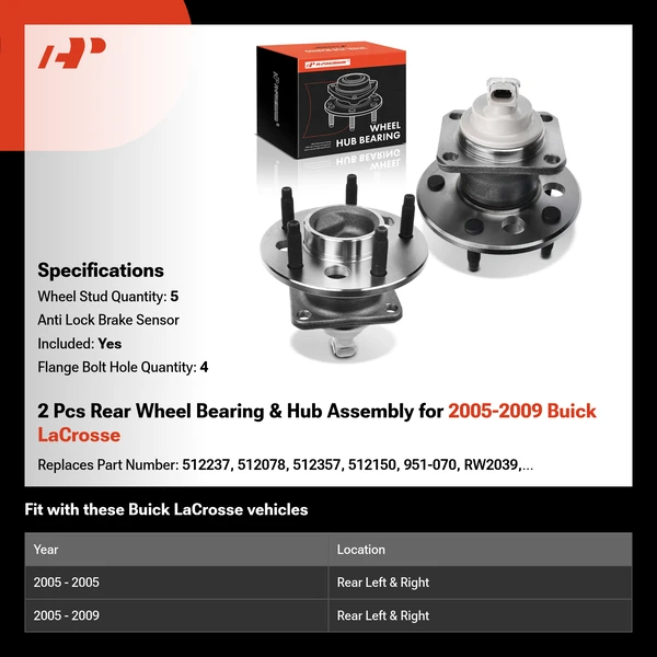 2 Pcs Rear Wheel Bearing & Hub Assembly for 2005-2009 Buick LaCrosse