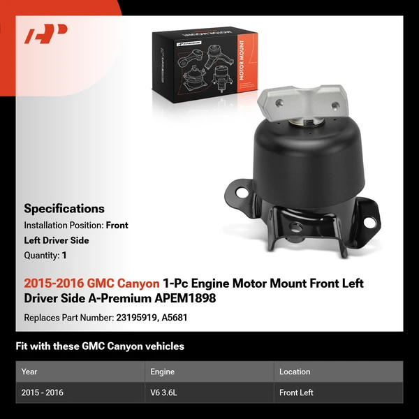 2015-2016 GMC Canyon 1-Pc Engine Motor Mount Front Left Driver Side A-Premium APEM1898