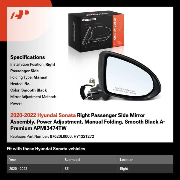 2020-2022 Hyundai Sonata Right Passenger Side Mirror Assembly, Power Adjustment, Manual Folding, Smooth Black A-Premium APMI3474TW