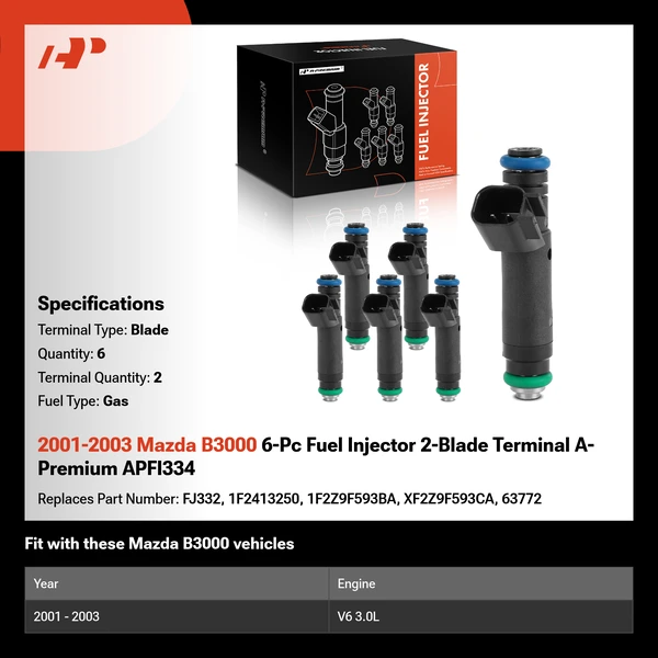 2001-2003 Mazda B3000 6-Pc Fuel Injector 2-Blade Terminal A-Premium APFI334