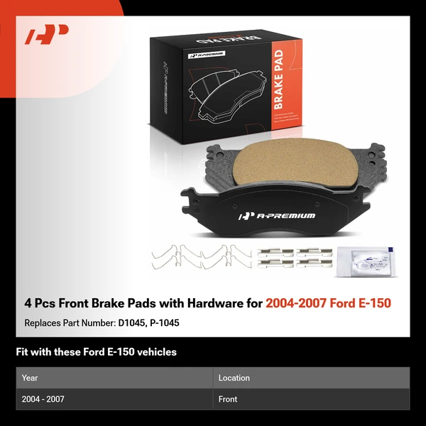 4 Pcs Front Brake Pads with Hardware for 2004-2007 Ford E-150