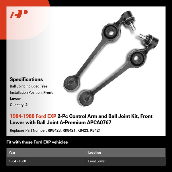 1984-1988 Ford EXP 2-Pc Control Arm and Ball Joint Kit, Front Lower with Ball Joint A-Premium APCA0767