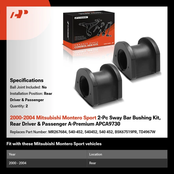 2000-2004 Mitsubishi Montero Sport 2-Pc Sway Bar Bushing Kit, Rear Driver & Passenger A-Premium APCA9730