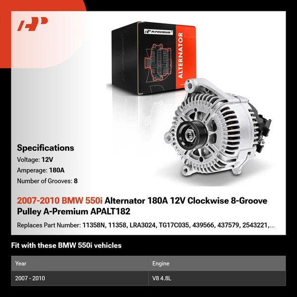 2007-2010 BMW 550i Alternator 180A 12V Clockwise 8-Groove Pulley A-Premium APALT182