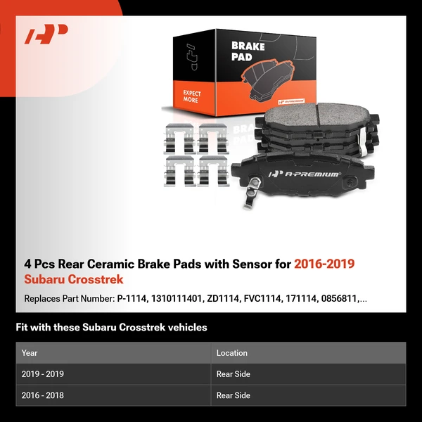 4 Pcs Rear Ceramic Brake Pads with Sensor for 2016-2019 Subaru Crosstrek
