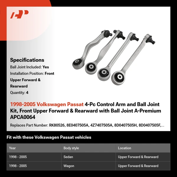 1998-2005 Volkswagen Passat 4-Pc Control Arm and Ball Joint Kit, Front Upper Forward & Rearward with Ball Joint A-Premium APCA0064
