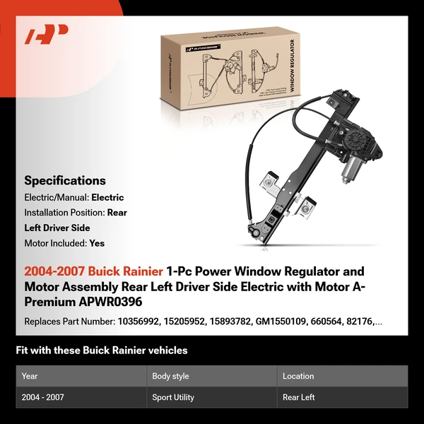 2004-2007 Buick Rainier 1-Pc Power Window Regulator and Motor Assembly Rear Left Driver Side Electric with Motor A-Premium APWR0396