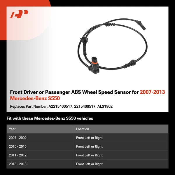 Front Driver or Passenger ABS Wheel Speed Sensor for 2007-2013 Mercedes-Benz S550
