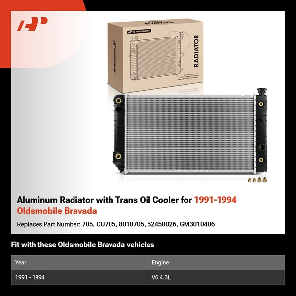 Aluminum Radiator with Trans Oil Cooler for 1991-1994 Oldsmobile Bravada