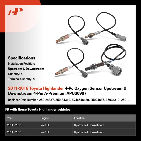 2011-2016 Toyota Highlander 4-Pc Oxygen Sensor Upstream & Downstream 4-Pin A-Premium APOS0907