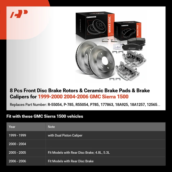 8 Pcs Front Disc Brake Rotors & Ceramic Brake Pads & Brake Calipers for 1999-2000 2004-2006 GMC Sierra 1500