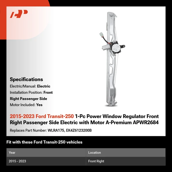 2015-2023 Ford Transit-250 1-Pc Power Window Regulator Front Right Passenger Side Electric with Motor A-Premium APWR2684