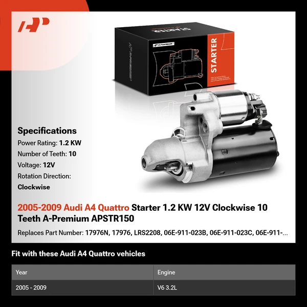 2005-2009 Audi A4 Quattro Starter 1.2 KW 12V Clockwise 10 Teeth A-Premium APSTR150
