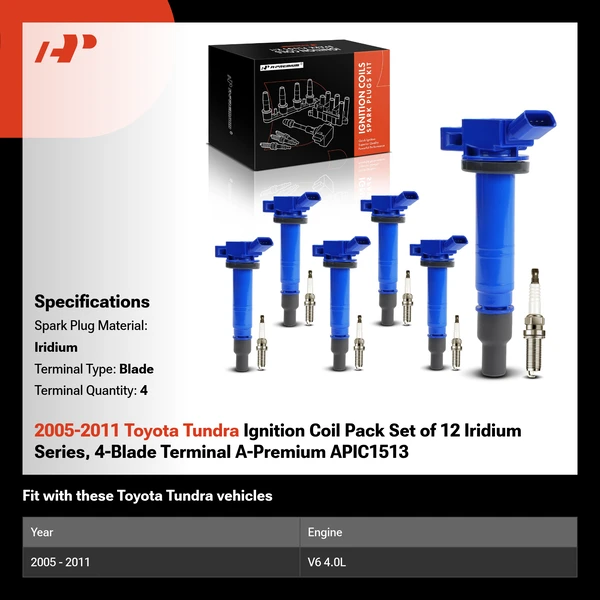 2005-2011 Toyota Tundra Ignition Coil Pack Set of 12 Iridium Series, 4-Blade Terminal A-Premium APIC1513
