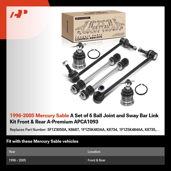 1996-2005 Mercury Sable A Set of 6 Ball Joint and Sway Bar Link Kit Front & Rear A-Premium APCA1093