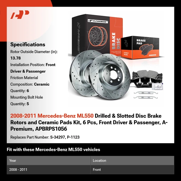 2008-2011 Mercedes-Benz ML550 Drilled & Slotted Disc Brake Rotors and Ceramic Pads Kit, 6 Pcs, Front Driver & Passenger, A-Premium, APBRPS1056
