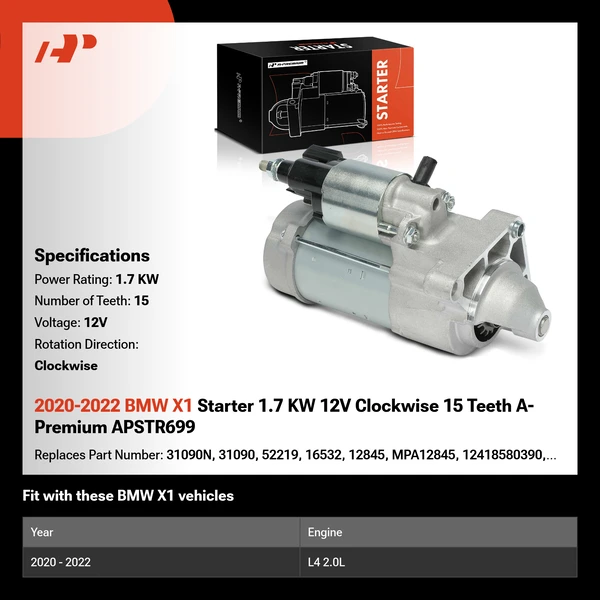2020-2022 BMW X1 Starter 1.7 KW 12V Clockwise 15 Teeth A-Premium APSTR699