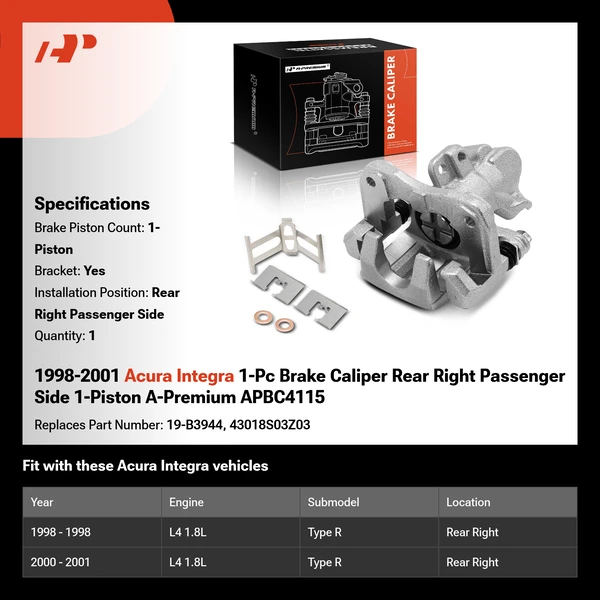 1998-2001 Acura Integra 1-Pc Brake Caliper Rear Right Passenger Side 1-Piston A-Premium APBC4115