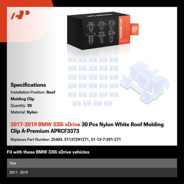 2017-2019 BMW 330i xDrive 30 Pcs Nylon White Roof Molding Clip A-Premium APRCF3373